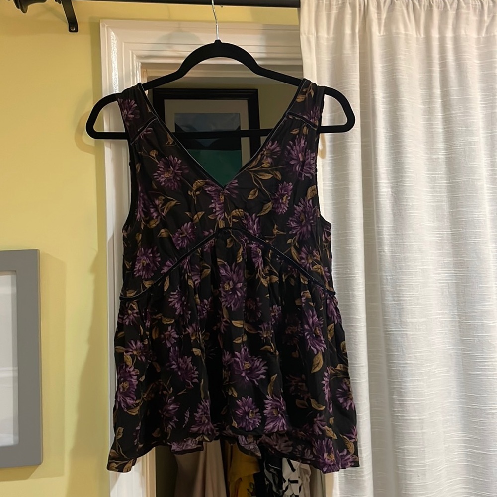 Black sleeveless top with dark purple flowers